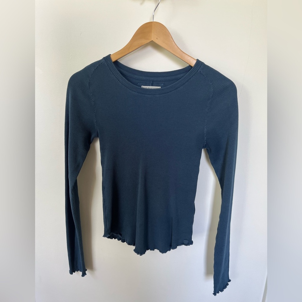 We The Free Blue Fitted Ribbed Long Sleeve Blouse